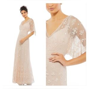 Mac Duggal 9144 NWT V Neck Flounce Sleeve Embellished Mesh Gown in Blush